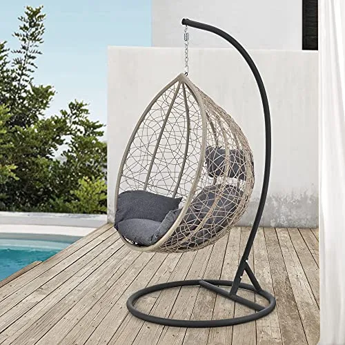 Siège Suspendu avec Panier Cadre Coussins Fauteuil Zen pour Intérieur Extérieur Support Solide en Acier Housse Amovible Polyester Capacité de Charge 150 kg Polyrotin Hauteur 195 cm Marron Gris Foncé