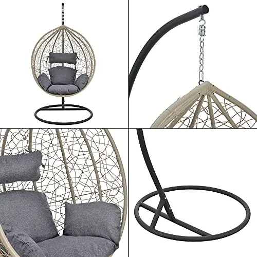 Siège Suspendu avec Panier Cadre Coussins Fauteuil Zen pour Intérieur Extérieur Support Solide en Acier Housse Amovible Polyester Capacité de Charge 150 kg Polyrotin Hauteur 195 cm Marron Gris Foncé