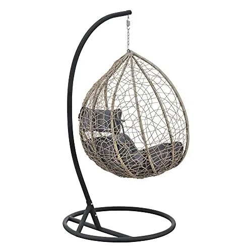 Siège Suspendu avec Panier Cadre Coussins Fauteuil Zen pour Intérieur Extérieur Support Solide en Acier Housse Amovible Polyester Capacité de Charge 150 kg Polyrotin Hauteur 195 cm Marron Gris Foncé