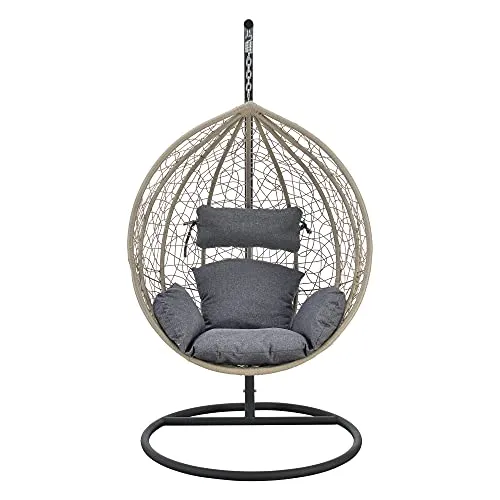 Siège Suspendu avec Panier Cadre Coussins Fauteuil Zen pour Intérieur Extérieur Support Solide en Acier Housse Amovible Polyester Capacité de Charge 150 kg Polyrotin Hauteur 195 cm Marron Gris Foncé