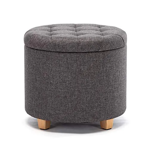 HNNHome Tabouret de rangement rond rembourré en lin avec assise amovible pour rangement - 45 cm de diamètre - Gris anthracite
