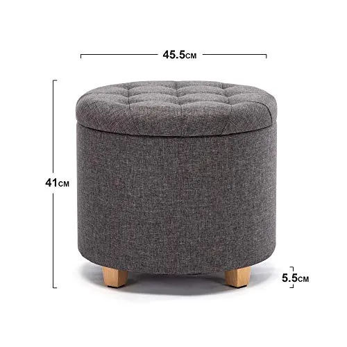 HNNHome Tabouret de rangement rond rembourré en lin avec assise amovible pour rangement - 45 cm de diamètre - Gris anthracite