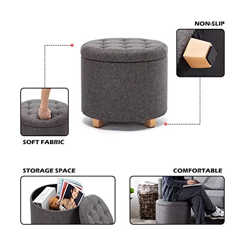 HNNHome Tabouret de rangement rond rembourré en lin avec assise amovible pour rangement - 45 cm de diamètre - Gris anthracite