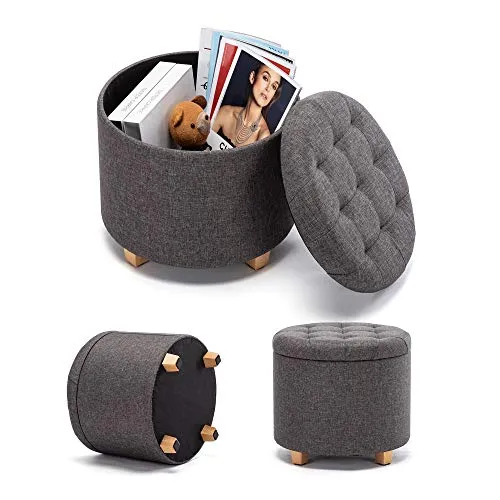 HNNHome Tabouret de rangement rond rembourré en lin avec assise amovible pour rangement - 45 cm de diamètre - Gris anthracite