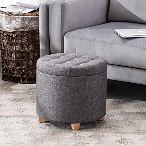 HNNHome Tabouret de rangement rond rembourré en lin avec assise amovible pour rangement - 45 cm de diamètre - Gris anthracite