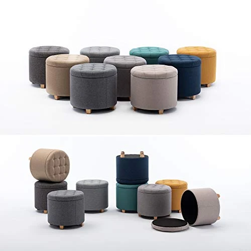 HNNHome Tabouret de rangement rond rembourré en lin avec assise amovible pour rangement - 45 cm de diamètre - Gris anthracite