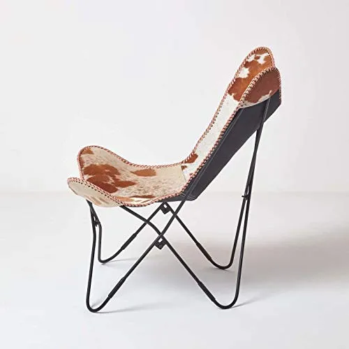 HOMESCAPES Fauteuil Papillon en Cuir véritable Peau de Vache et métal, Chaise en Cuir Vintage, Fauteuil rétro, Marron et Blanc, 88 x 77 cm