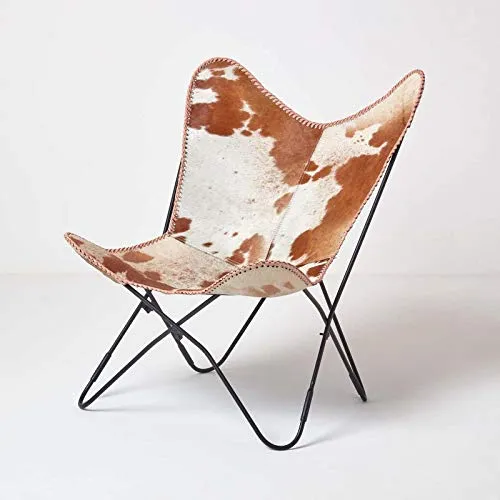 HOMESCAPES Fauteuil Papillon en Cuir véritable Peau de Vache et métal, Chaise en Cuir Vintage, Fauteuil rétro, Marron et Blanc, 88 x 77 cm
