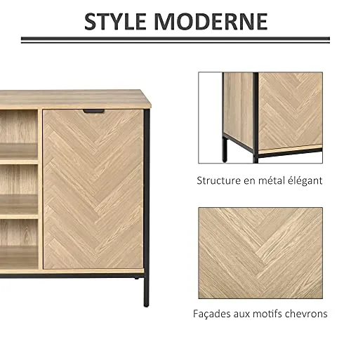 Buffet design style graphique façades placards à chevrons - 2 portes avec étagère, 3 niches - métal noir panneaux aspect chêne clair