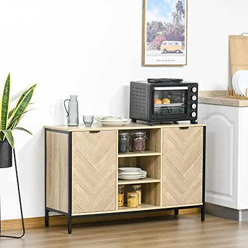 Buffet design style graphique façades placards à chevrons - 2 portes avec étagère, 3 niches - métal noir panneaux aspect chêne clair