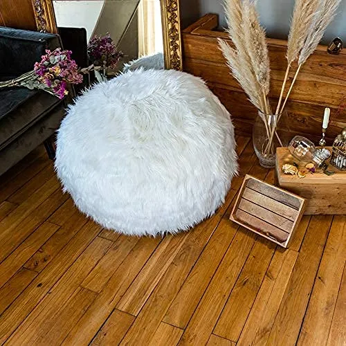Pouf Fourrure Blanc 80 cm Rempli de Mousse Déchiquetée Ultra Confortable Poire Coussin Double Housse Lavable en Machine…