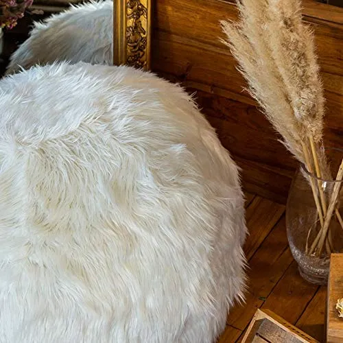 Pouf Fourrure Blanc 80 cm Rempli de Mousse Déchiquetée Ultra Confortable Poire Coussin Double Housse Lavable en Machine…