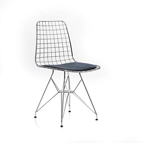 mina concept Chaise 30-1 en fil de fer chromé argenté – 45 cm d'assise, 81 cm de hauteur avec dossier – Coussin de siège noir