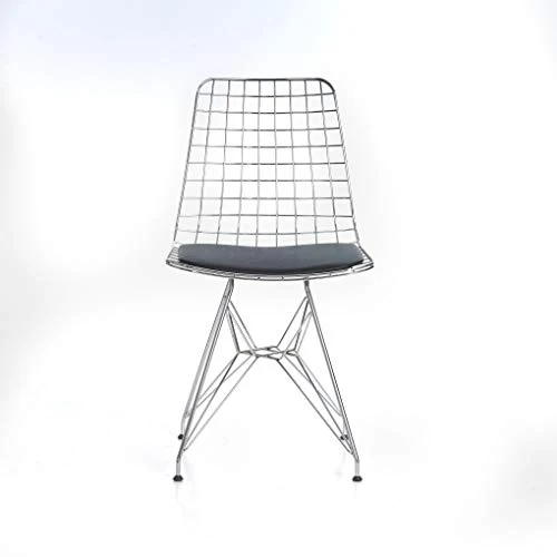 mina concept Chaise 30-1 en fil de fer chromé argenté – 45 cm d'assise, 81 cm de hauteur avec dossier – Coussin de siège noir