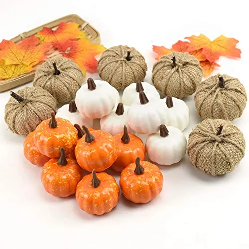 HiCollie Lot de 22 citrouilles artificielles en toile de jute, citrouilles blanches et jaunes, simulation citrouille, automne, Thanksgiving décorations Halloween
