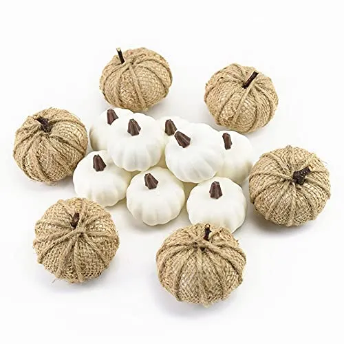 HiCollie Lot de 22 citrouilles artificielles en toile de jute, citrouilles blanches et jaunes, simulation citrouille, automne, Thanksgiving décorations Halloween