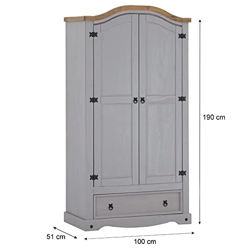 IDIMEX Armoire Ramon penderie pour vêtements en pin Massif Gris et Brun avec 2 Portes et 1 tiroir, Meuble de Chambre Style Mexicain en Bois dim 100 x 190 x 51 cm