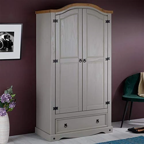 IDIMEX Armoire Ramon penderie pour vêtements en pin Massif Gris et Brun avec 2 Portes et 1 tiroir, Meuble de Chambre Style Mexicain en Bois dim 100 x 190 x 51 cm