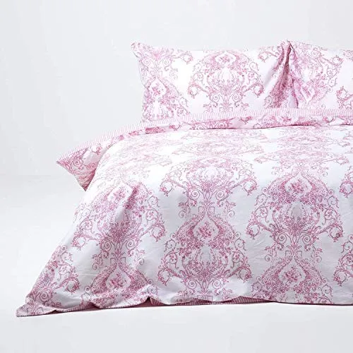 HOMESCAPES Parure de lit Housse de Couette + Taie d'oreiller Rose Effet « Toile de Jouy » en Polycoton, 230 x 220 cm