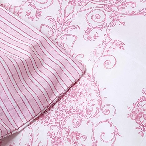 HOMESCAPES Parure de lit Housse de Couette + Taie d'oreiller Rose Effet « Toile de Jouy » en Polycoton, 230 x 220 cm