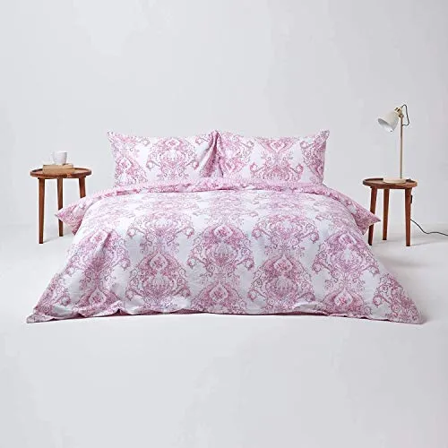 HOMESCAPES Parure de lit Housse de Couette + Taie d'oreiller Rose Effet « Toile de Jouy » en Polycoton, 230 x 220 cm