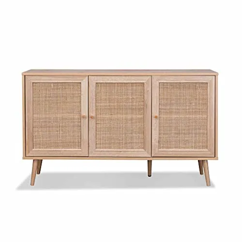 Buffet de Rangement en cannage 120x39x70cm - Bohème - 2 Niveaux. 3 Portes. Pieds scandinaves