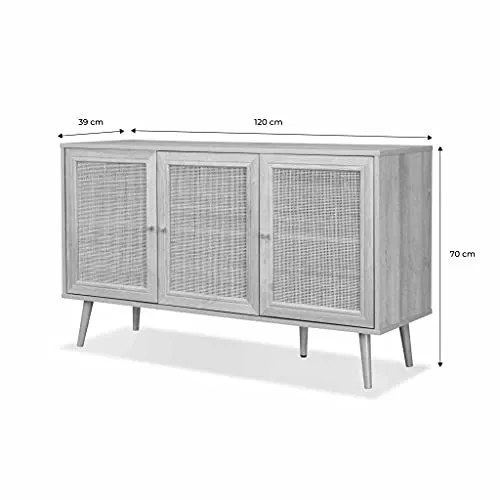 Buffet de Rangement en cannage 120x39x70cm - Bohème - 2 Niveaux. 3 Portes. Pieds scandinaves