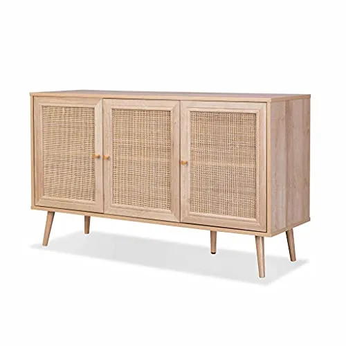 Buffet de Rangement en cannage 120x39x70cm - Bohème - 2 Niveaux. 3 Portes. Pieds scandinaves