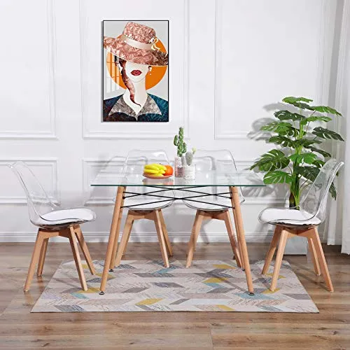 IPOTIUS Table Rectangulaire Salle à Manger en Verre Scandinave 4 à 6 Personnes Table de Cuisine Moderne avec Pieds en Bois et Cadre en Métal,110x70X75cm