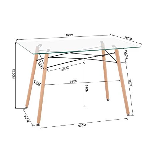 IPOTIUS Table Rectangulaire Salle à Manger en Verre Scandinave 4 à 6 Personnes Table de Cuisine Moderne avec Pieds en Bois et Cadre en Métal,110x70X75cm