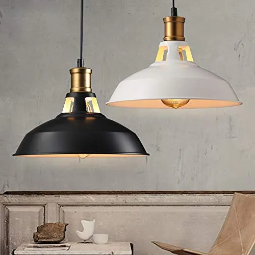 HLigExp Suspension industrielle,plafonnier rétro blanc classique, abat-jour suspendu en métal blanc rétro (câble réglable), très approprié pour café,bar ou cuisine E27(sans ampoule)[A-level energy ++]