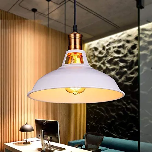 HLigExp Suspension industrielle,plafonnier rétro blanc classique, abat-jour suspendu en métal blanc rétro (câble réglable), très approprié pour café,bar ou cuisine E27(sans ampoule)[A-level energy ++]