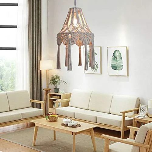 Plafond Pendentif Gland Abat-Jour Style Pastorale Fille Chambre Luminaire Cordon en Coton Tissu en Macramé Décoration Suspension Lampe pour Salon Table À Manger Mariage