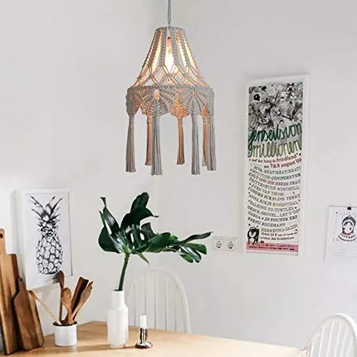 Plafond Pendentif Gland Abat-Jour Style Pastorale Fille Chambre Luminaire Cordon en Coton Tissu en Macramé Décoration Suspension Lampe pour Salon Table À Manger Mariage