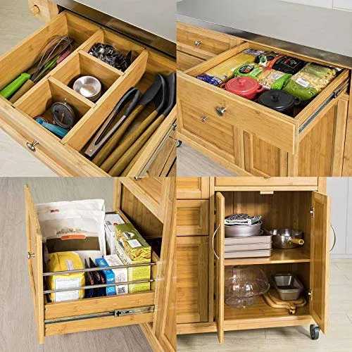 SoBuy® FKW70-N Meuble de Rangement Cuisine Buffet de Cuisine Roulant Desserte sur roulettes en Bambou - Plans de Travail en Acier INOX Grande Armoire de Rangement