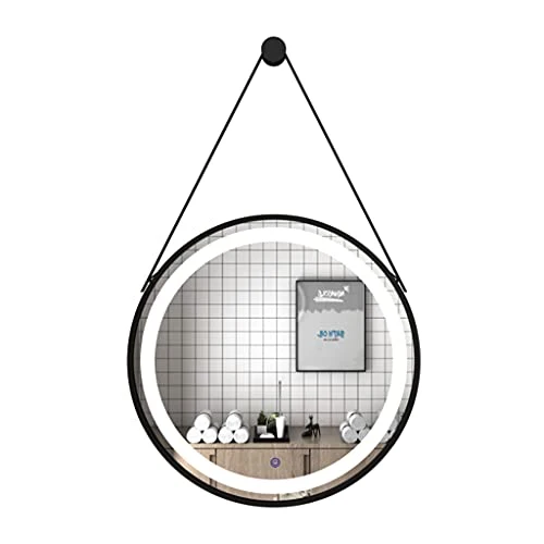 Miroir Suspendu Mural éclairé à LED, Miroirs De Salle De Bains Ronds avec Contrôle Tactile Léger, Miroir De Maquillage en Métal Noir pour Vanité, Salon, Chambre à Coucher(Size:60CM)