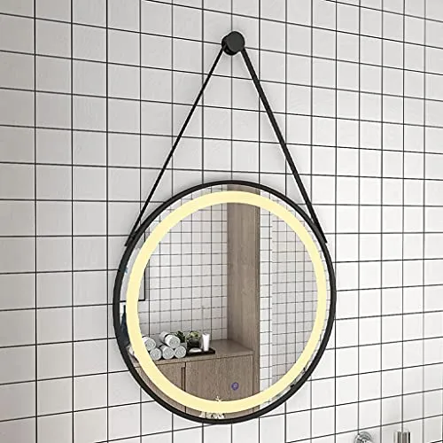 Miroir Suspendu Mural éclairé à LED, Miroirs De Salle De Bains Ronds avec Contrôle Tactile Léger, Miroir De Maquillage en Métal Noir pour Vanité, Salon, Chambre à Coucher(Size:60CM)
