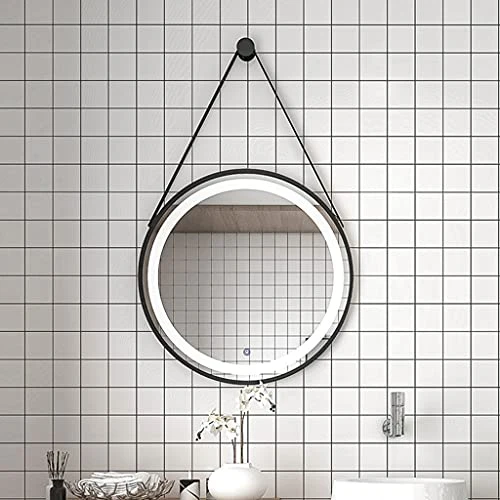 Miroir Suspendu Mural éclairé à LED, Miroirs De Salle De Bains Ronds avec Contrôle Tactile Léger, Miroir De Maquillage en Métal Noir pour Vanité, Salon, Chambre à Coucher(Size:60CM)