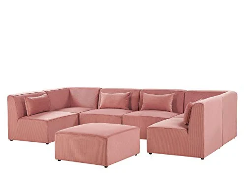 Beliani - Canapé Panoramique Modulable - Lemvig - 6 Modules et Pouf Ottoman, en Velours Côtelé, Rose