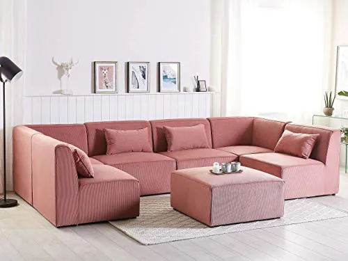 Beliani - Canapé Panoramique Modulable - Lemvig - 6 Modules et Pouf Ottoman, en Velours Côtelé, Rose