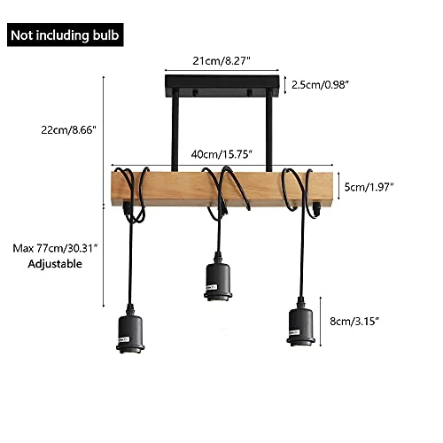 Comely Suspension Luminaire Vintage, Plafonnier Industriel, Réglable Lustre en Bois pour Salle à Manger, Salon, 3 Lumières E27 (Ampoule Non Incluse)