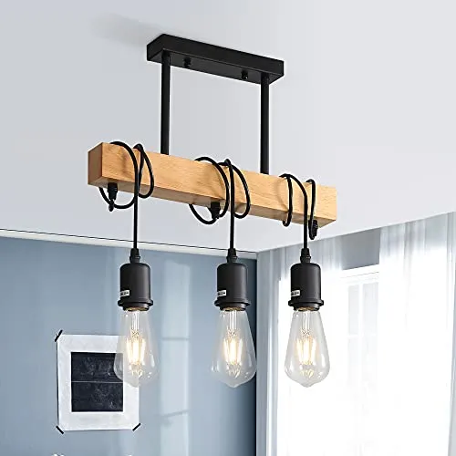 Comely Suspension Luminaire Vintage, Plafonnier Industriel, Réglable Lustre en Bois pour Salle à Manger, Salon, 3 Lumières E27 (Ampoule Non Incluse)