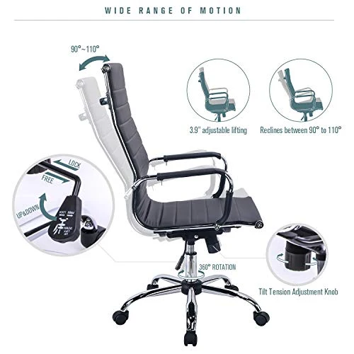 Exofcer Chaise de Bureau Blanc Cuir PU Haute Dossier incurvé Home Executive Ordinateur Pivotant Fauteuil de Bureau (Noir)