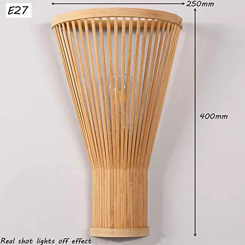 QJUZO E27 Lampe Murale Bambou Osier Rotin Ventilateur Abat-Jour Applique Murale Moderne Classique Luminaire Murale Chambre Décoration pour Intérieur Salon Couloir (Pas D'ampoule)