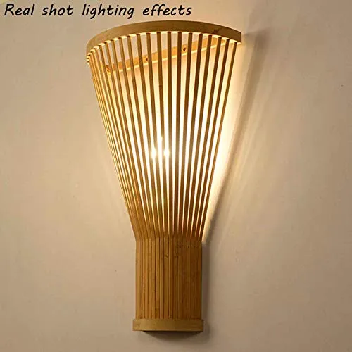 QJUZO E27 Lampe Murale Bambou Osier Rotin Ventilateur Abat-Jour Applique Murale Moderne Classique Luminaire Murale Chambre Décoration pour Intérieur Salon Couloir (Pas D'ampoule)