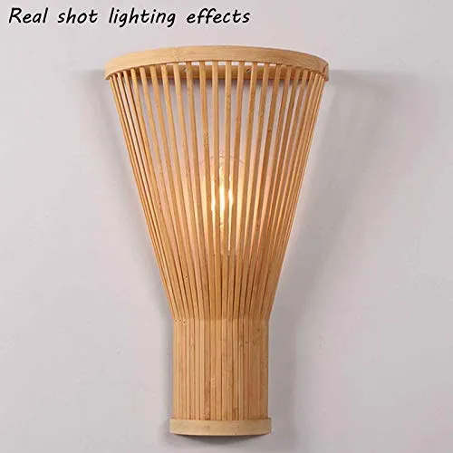 QJUZO E27 Lampe Murale Bambou Osier Rotin Ventilateur Abat-Jour Applique Murale Moderne Classique Luminaire Murale Chambre Décoration pour Intérieur Salon Couloir (Pas D'ampoule)