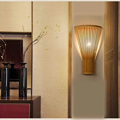 QJUZO E27 Lampe Murale Bambou Osier Rotin Ventilateur Abat-Jour Applique Murale Moderne Classique Luminaire Murale Chambre Décoration pour Intérieur Salon Couloir (Pas D'ampoule)