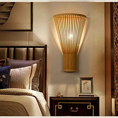 QJUZO E27 Lampe Murale Bambou Osier Rotin Ventilateur Abat-Jour Applique Murale Moderne Classique Luminaire Murale Chambre Décoration pour Intérieur Salon Couloir (Pas D'ampoule)