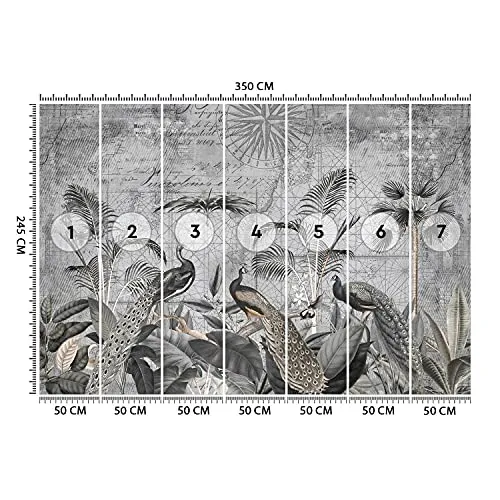Carowall Photo Murale Intisse Abstrait Plantes Exotiques 350x245 cm gris Déco Murale Tableaux Muraux À La Maison Chambre à Coucher, Salon, Chambre D'amis Paons Ancienne Carte Oiseaux