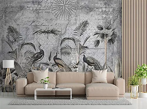 Carowall Photo Murale Intisse Abstrait Plantes Exotiques 350x245 cm gris Déco Murale Tableaux Muraux À La Maison Chambre à Coucher, Salon, Chambre D'amis Paons Ancienne Carte Oiseaux